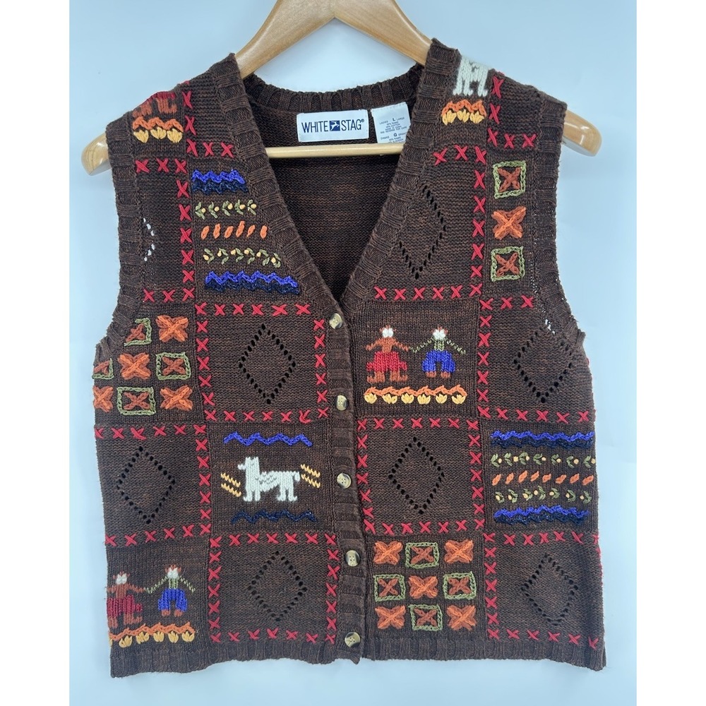 Vintage White Stag Embroidered Autumn Brown Sweater Vest Cottagecore Academia L